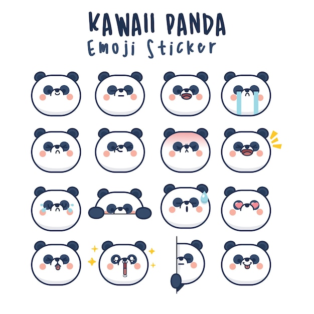 Establecer kawaii panda caras lindas emoticonos divertidos dibujos animados en diferentes expresiones para las redes sociales. expresión personaje de anime y emoticon cara ilustración