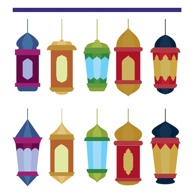 Establecer lámpara linterna simple diseño plano ornamento ilustraciones vectoriales EPS10