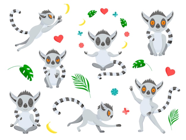 Establecer lémur gris divertido: danza, meditación, levitación, salto, calma. La cola rayada y esponjosa se curva. Animal lindo bebé en estilo de dibujos animados. Ilustración de vector, elementos de color aislados sobre un fondo blanco