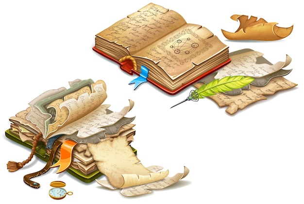 Vector establecer libros de hechizos mágicos y brujería, pergaminos y pergaminos reales, papel viejo.