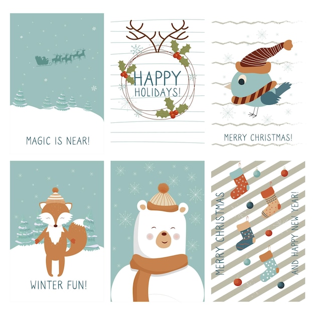 Establecer lindas tarjetas de felicitación de Navidad en estilo escandinavo con diferente composición