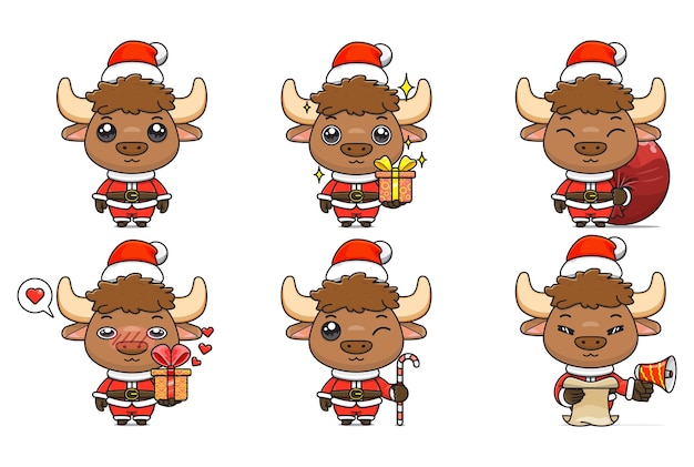 Establecer lindo bisonte en traje de navidad animal de dibujos animados en traje de santa vista frontal seis poses