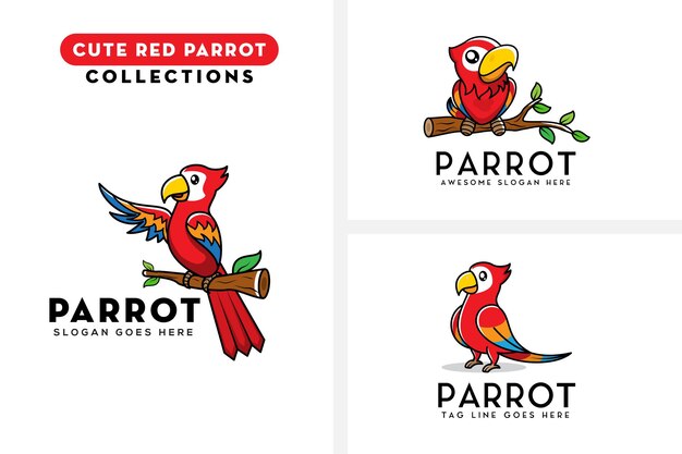 Establecer un lindo diseño de logotipo de loro rojo dibujos animados de plantilla de vector de logotipo de pájaro colorido