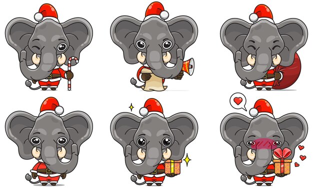 Establecer lindo elefante en traje de navidad animal de dibujos animados en traje de santa vista frontal seis poses