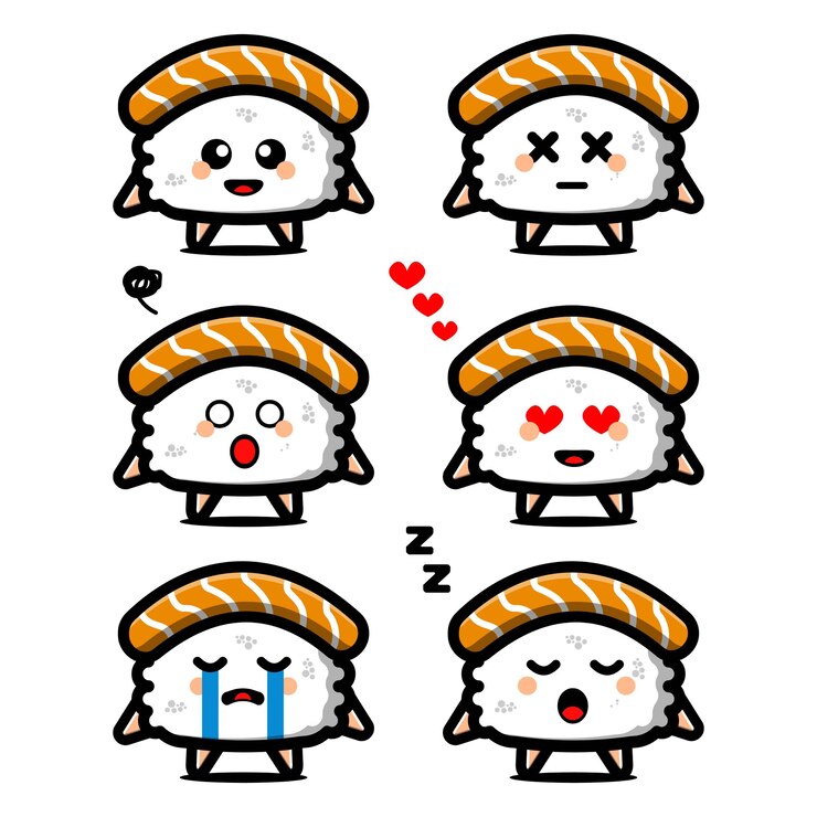 Vector establecer lindo personaje de dibujos animados de sushi con expresión