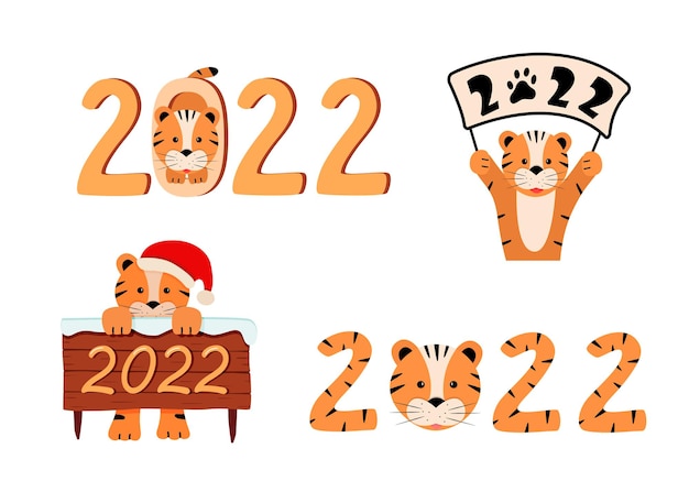 Establecer lindo símbolo del año nuevo 2022 es un tigre. ilustración de vector de tigre de divertidos dibujos animados. concepto de tarjeta de felicitación feliz año nuevo y navidad.