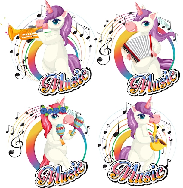 Establecer lindo unicornio tocando instrumentos musicales con notas musicales en