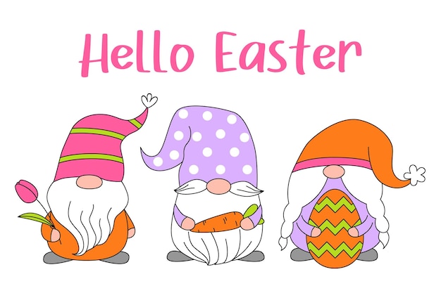 Vector establecer lindos gnomos con huevos zanahoria tulipán para pascua y primavera feliz pascua doodle estilo de dibujos animados