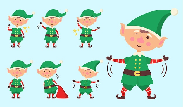 Vector establecer lindos personajes elfos año nuevo navidad navidad pequeños elfos verdes ayudante de fantasía invierno plano