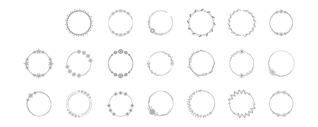 Establecer línea simple negra Colección Doodle Marco floral redondo Hojas Elementos Estilo de diseño vectorial