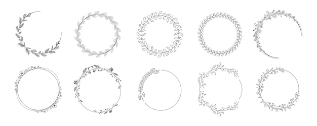 Establecer línea simple negra Colección Doodle Marco floral redondo Hojas Elementos Estilo de diseño vectorial