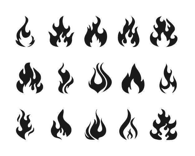 Establecer llamas de diferentes formas. Colección de elemento llameante caliente. Concepto de peligro o diseño de logotipo