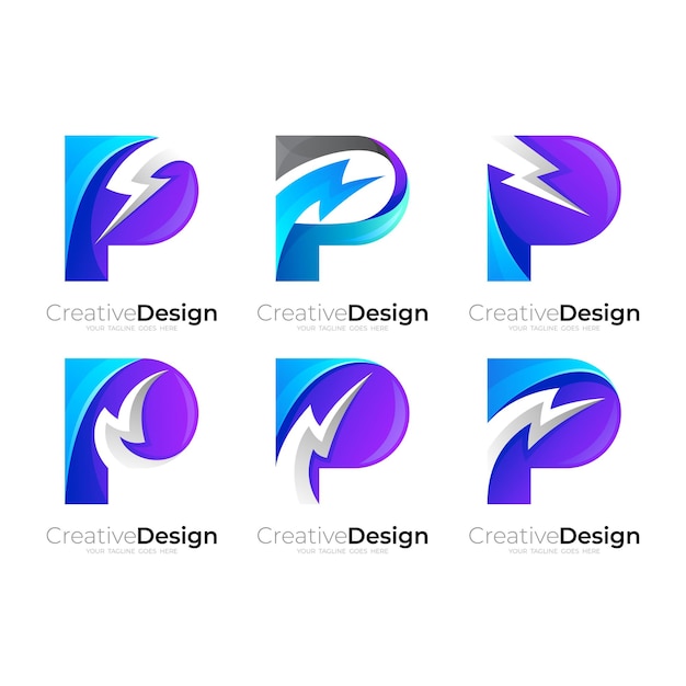 Establecer el logotipo de la letra P y la combinación de diseño de trueno