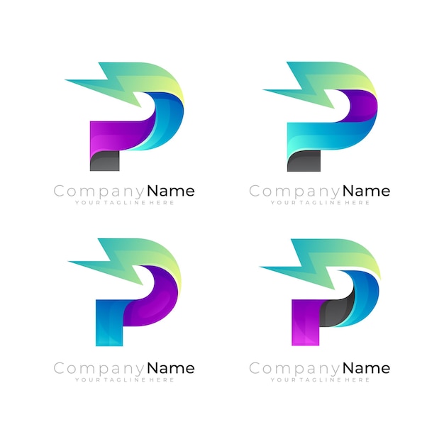 Establecer el logotipo de la letra P y la combinación de diseño de trueno