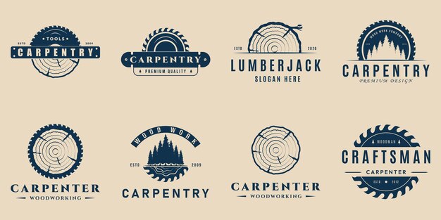 Establecer logotipo vintage de carpintería y carpintería con diseño de ilustración de vector de emblema
