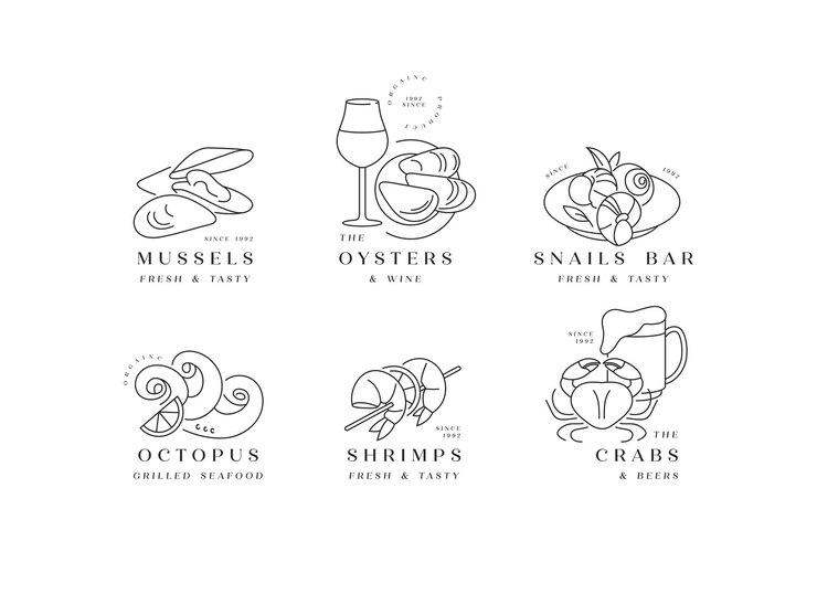 Establecer logotipos e iconos de plantilla para productos del mar