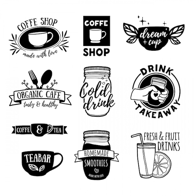 Establecer logotipos vintage retro para cafetería, barra de té. Logotipos con jugo, batidos y una taza de té.