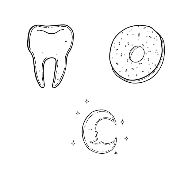 Vector establecer luna creciente con estrellas molar odontología medicina donut con glaseado y espolvorea comida