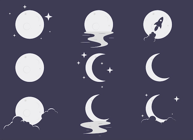 Establecer luna elegante con estrella, reflexión sobre el agua, las nubes y el icono de cohete ilustración vectorial EPS10