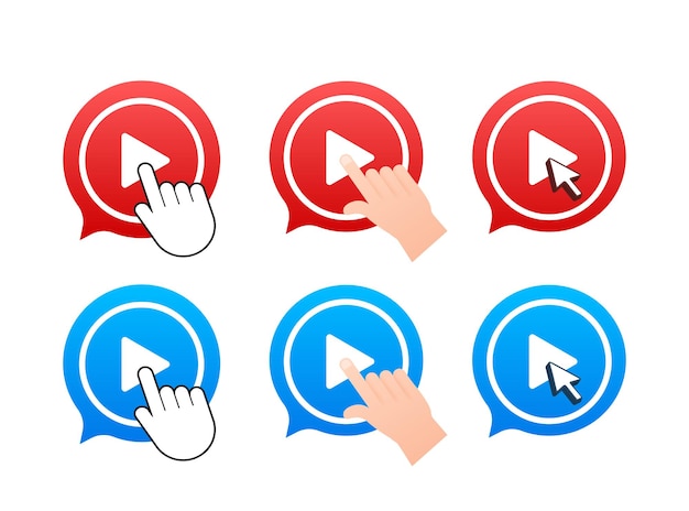 Establecer mano presionando el botón de reproducción Botón reproductor de video con clic en el dedo Ver ahora etiqueta Vector stock i