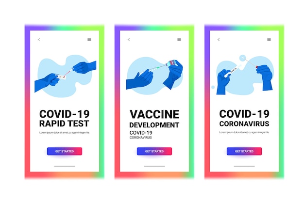 Vector establecer manos de médicos o científicos sosteniendo covid-19 hisopo nasal prueba de laboratorio concepto de pandemia de coronavirus ilustración vectorial horizontal