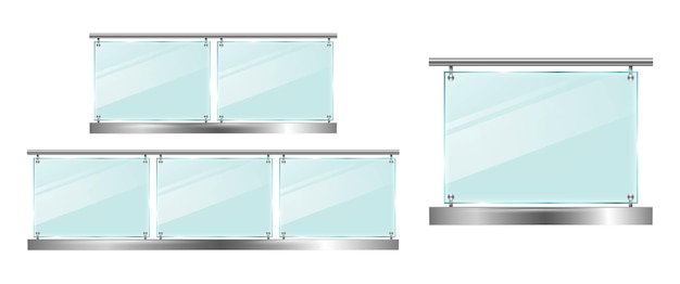 Vector establecer maqueta de barandilla de vidrio con sección de cerca aislada ilustración 3d