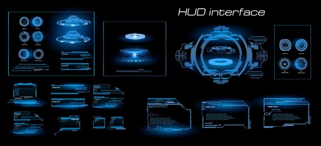 Establecer marcos y portales holográficos Interfaz de usuario holográfica digital con elementos de paneles y portales Interfaz cibernética futurista con elementos HUD