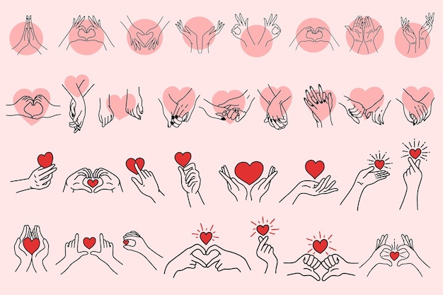 Establecer mega colección de gesto de amor de mano de niña de mujer con ilustración de imágenes prediseñadas de arte de línea plana de hogar