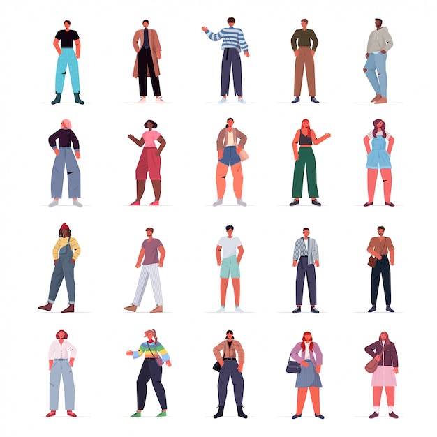 Establecer mezcla de personas de raza en ropa casual de moda colección de personajes de dibujos animados masculinos femeninos