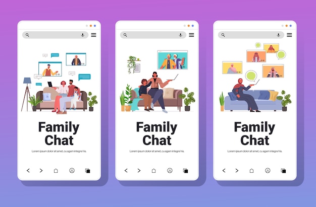 Establecer mezcla de raza abuelos, padres e hijos con reunión virtual durante la videollamada familiar concepto de comunicación de chat de pantalla de smartphone colección horizontal