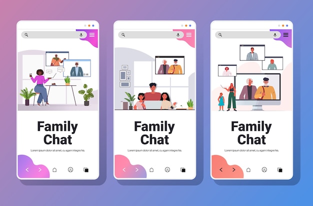 Establecer mezcla de raza abuelos, padres e hijos con reunión virtual durante la videollamada familiar concepto de comunicación de chat de pantalla de smartphone colección horizontal