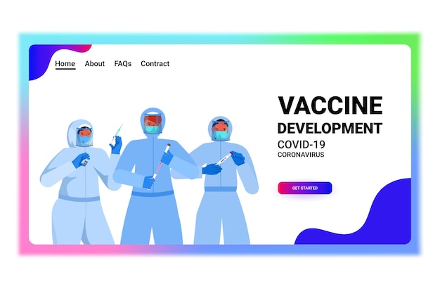 Vector establecer mezcla raza médicos o científicos en máscaras que trabajan con covid-19 hisopo nasal pruebas rápidas de laboratorio muestras de sangre en frascos concepto de pandemia de coronavirus espacio de copia horizontal retrato ilustración vectorial