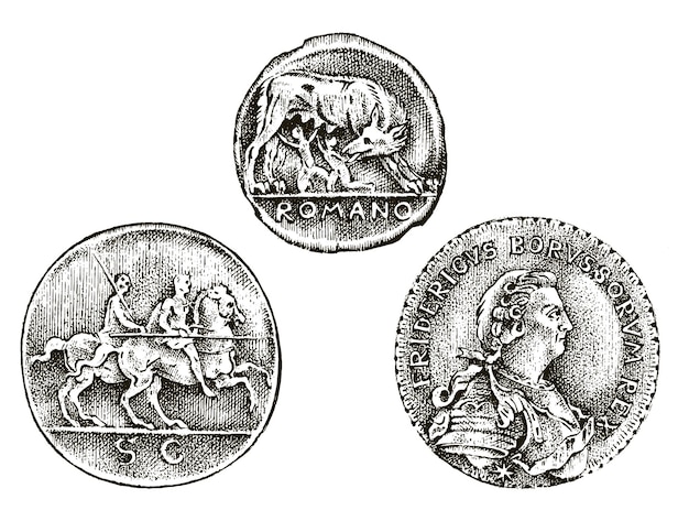Establecer monedas antiguas o dinero romano y griego recompensa en efectivo grabado a mano dibujado en el antiguo estilo de boceto vintage