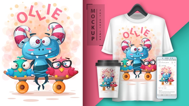 Establecer monstruo amigos ilustración y merchandising