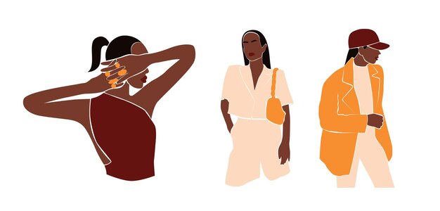 Vector establecer mujeres abstractas con estilo de moda en estilo moderno. colección de hermosa mujer negra. traje de mujer. ilustración de vector mínimo aislado sobre fondo blanco.