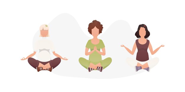 Vector establecer mujeres haciendo yoga aislado estilo de dibujos animados