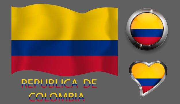 Establecer nación Colombia bandera botón brillante corazón