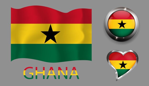 Establecer nación Ghana bandera botón brillante corazón