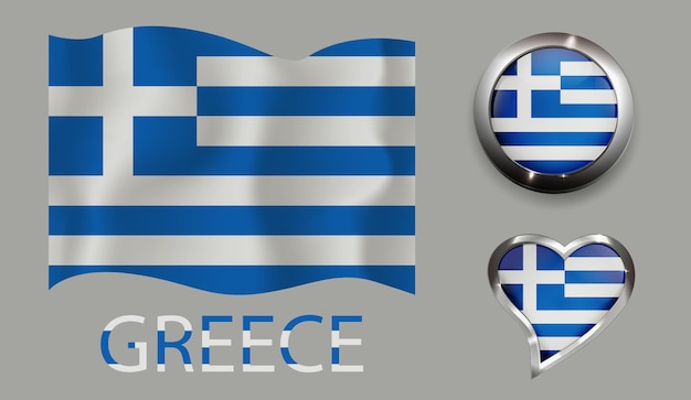 Establecer nación Grecia bandera botón brillante corazón