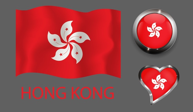 Establecer nación Hong Kong bandera botón brillante corazón