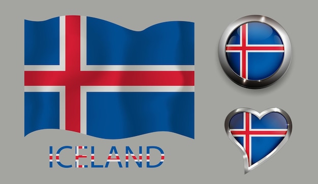 Establecer nación Islandia bandera botón brillante corazón