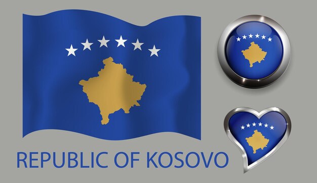 Establecer nación Kosovo bandera botón brillante corazón