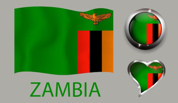 Establecer nación Zambia bandera botón brillante corazón