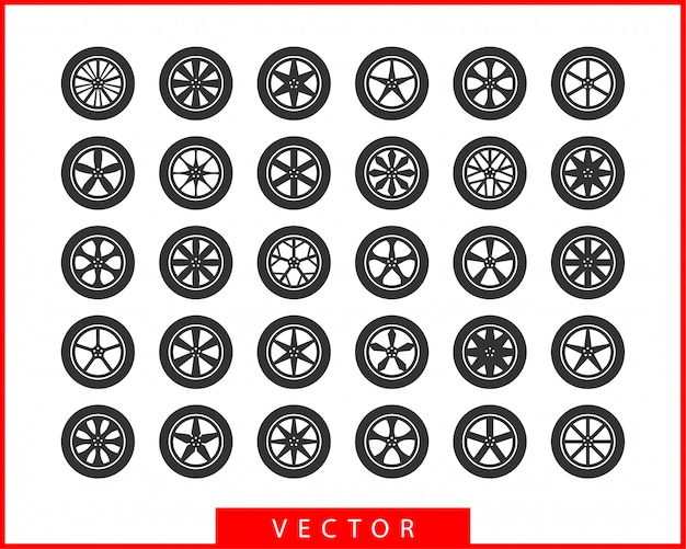 Establecer neumáticos y ruedas. Icono de coche de rueda de disco.