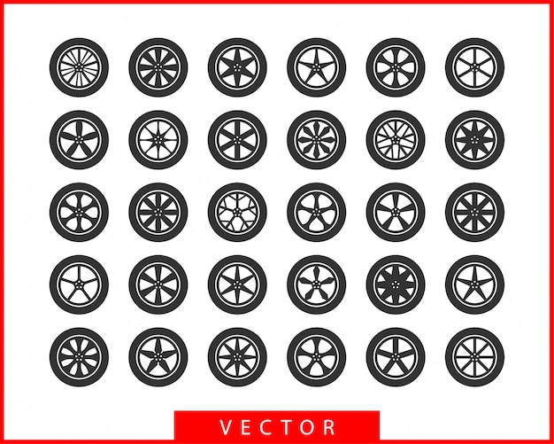 Vector establecer neumáticos y ruedas. icono de coche de rueda de disco.