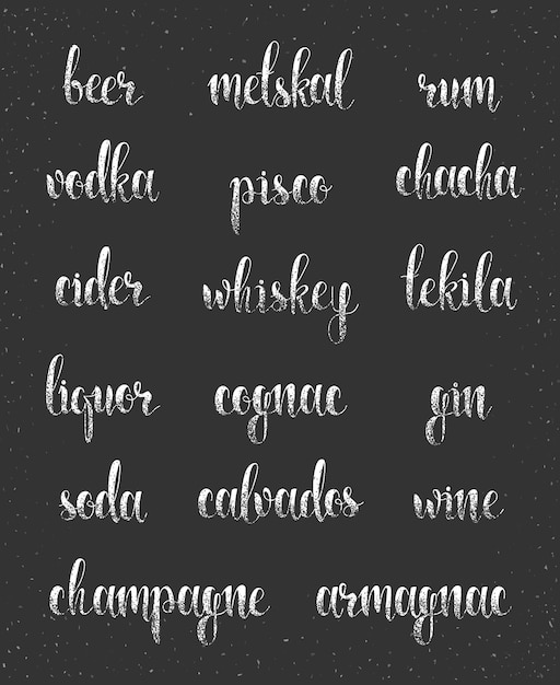 Establecer nombres de especies de alcohol en el menú de diseño hecho a mano de caligrafía. Etiquetas de diseño premium de élite. Caligrafía para crear menús de diseño retro y vintage, infografías, carteles, folletos y postales.