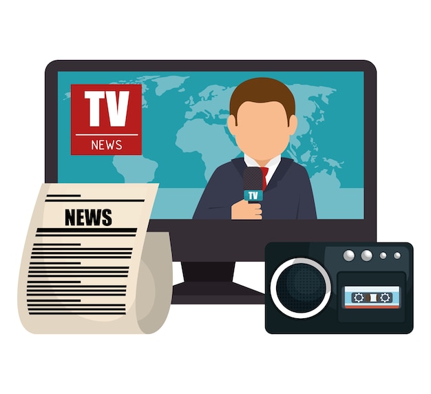 Vector establecer noticias tv micrófono papel gráfico aislado