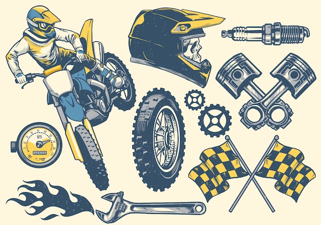 Vector establecer objeto vintage de motocross dibujado a mano