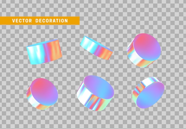 Establecer objetos de formas geométricas holográficas 3d de acero redondo, barra, madera redonda de metal. Elementos de geometría realistas en degradado de color metálico. Render Figura decorativa para diseño. ilustración vectorial
