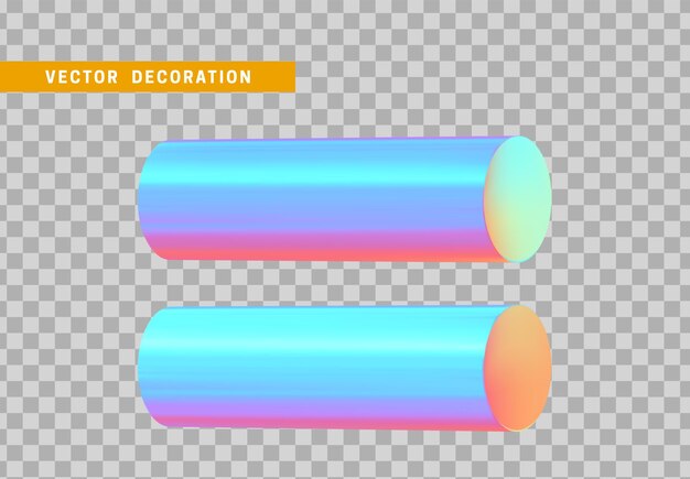 Establecer objetos de formas geométricas holográficas 3d de acero redondo, barra, madera redonda de metal. Elementos de geometría realistas en degradado de color metálico. Render Figura decorativa para diseño. ilustración vectorial